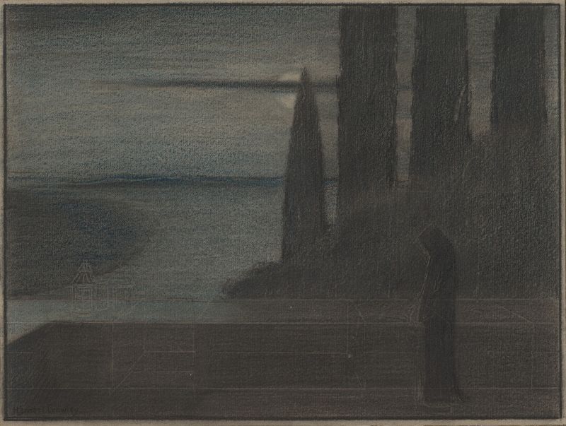 Una figura con capucha en una capa gris se encuentra en un paisaje, Herbert Crowley, 1911–24