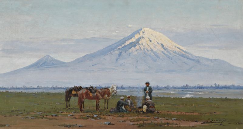 Mount Ararat de Richard Karlovich Zommer, óleo sobre lienzo que representa un majestuoso paisaje montañoso.