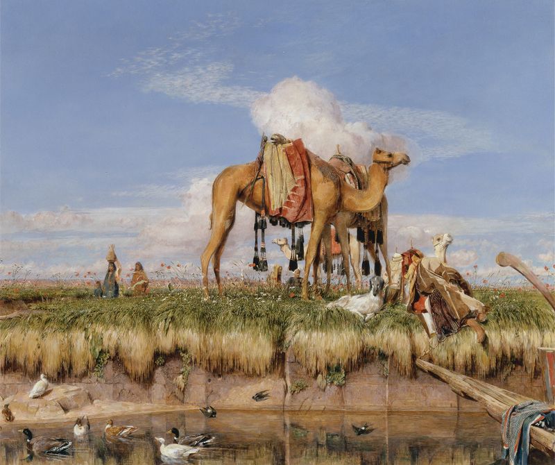 On the Banks of the Nile by John Frederick Lewis, oil painting depicting lush palm trees and the Nile.