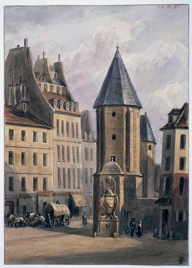 Gravura de Auguste-Sébastien Bénard retratando ruínas de uma abadia com luz suave.