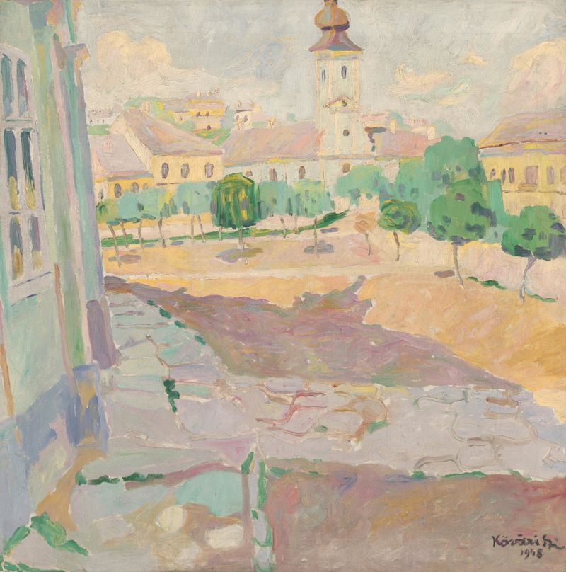 Escena de paisaje con un pueblo y un río, óleo sobre lienzo de Konštantín Kövári-Kačmarik