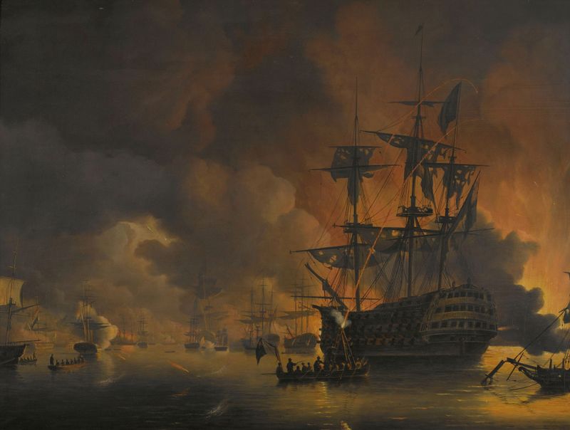 Historical scene of fire on the wharves by Nicolaas Baur, oil on canvas