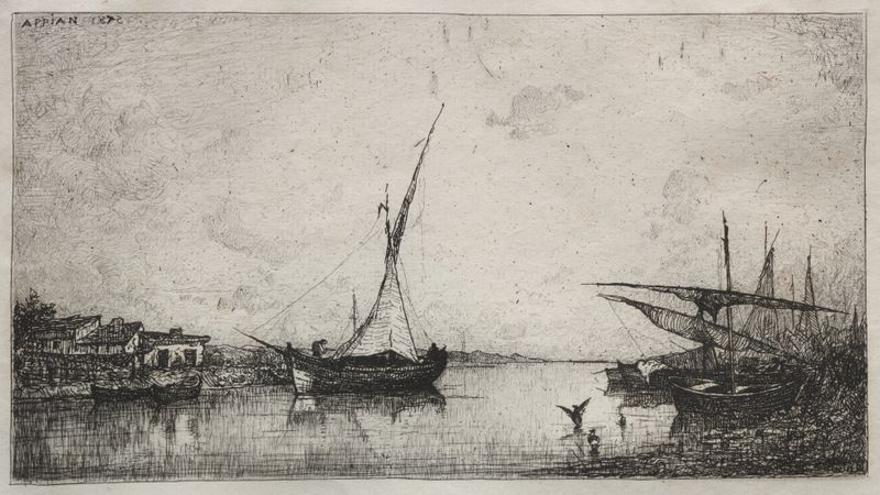 Canal en Martiques, óleo sobre lienzo de Adolphe Appian, que muestra serenas reflexiones en el agua.