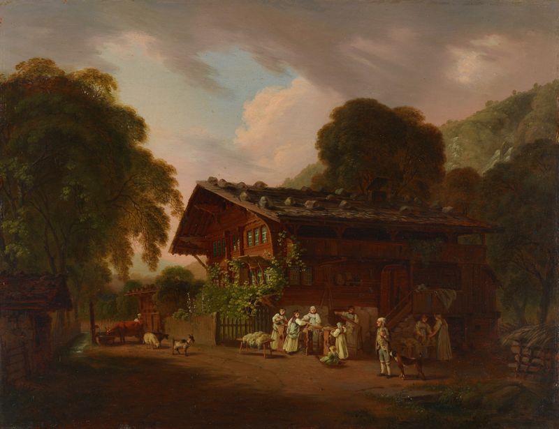 Representación figurativa del trabajo y la familia por Franz Niklaus König, pintura al óleo.
