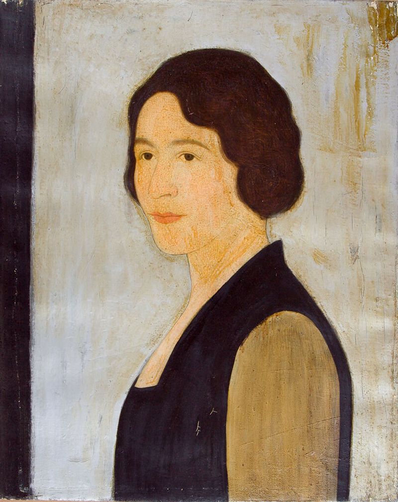 Portrait of a woman by Kanji Nakamura, oil on canvas, depicting deep-set eyes and soft colors.