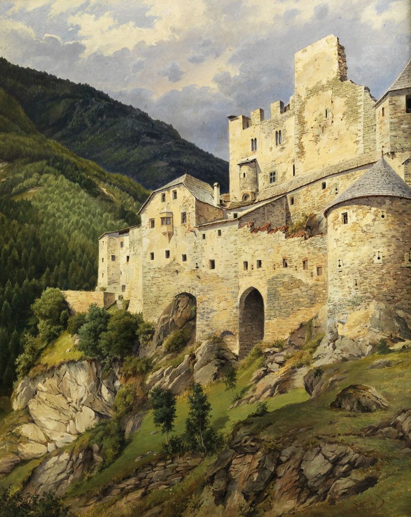 Burg Taufers by Josef Langl, depicting a fortress in light and shadow, medium unknown