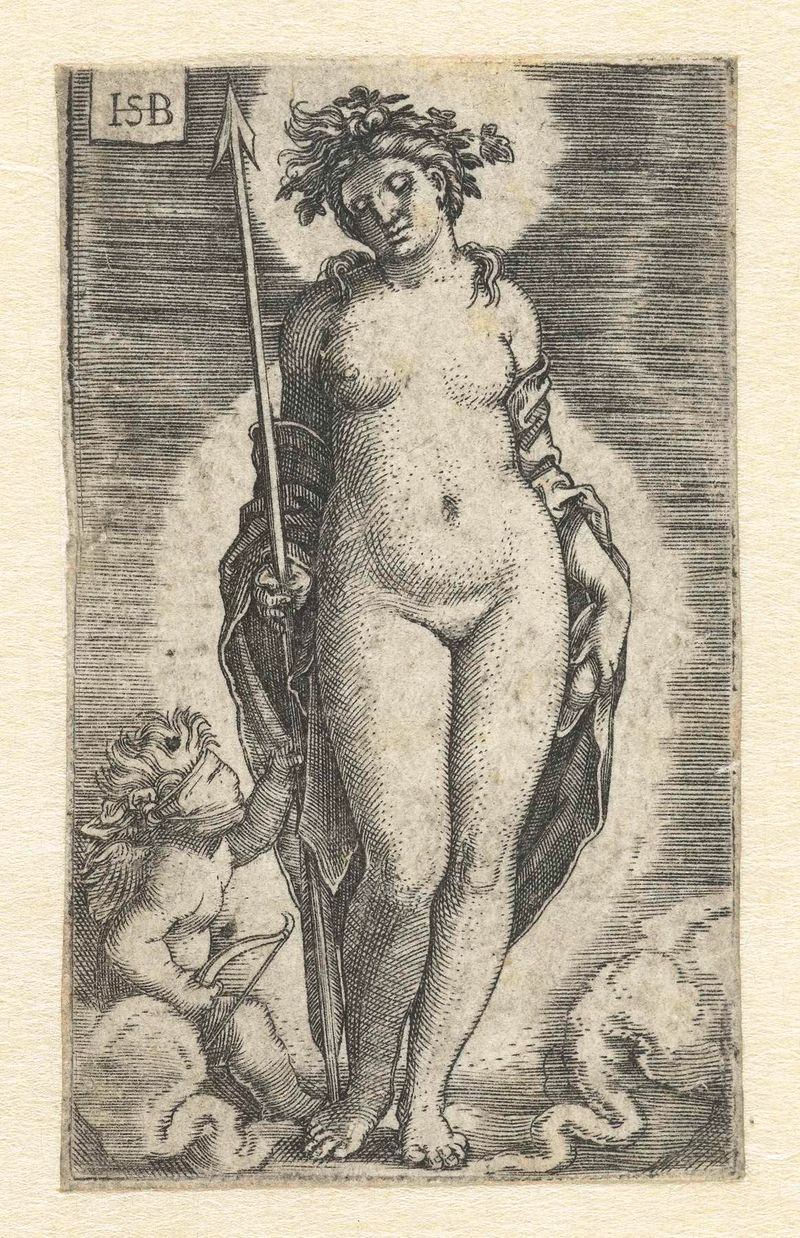 Grabado de Hans Sebald Beham que representa a Venus y Cupido entrelazados, grabado