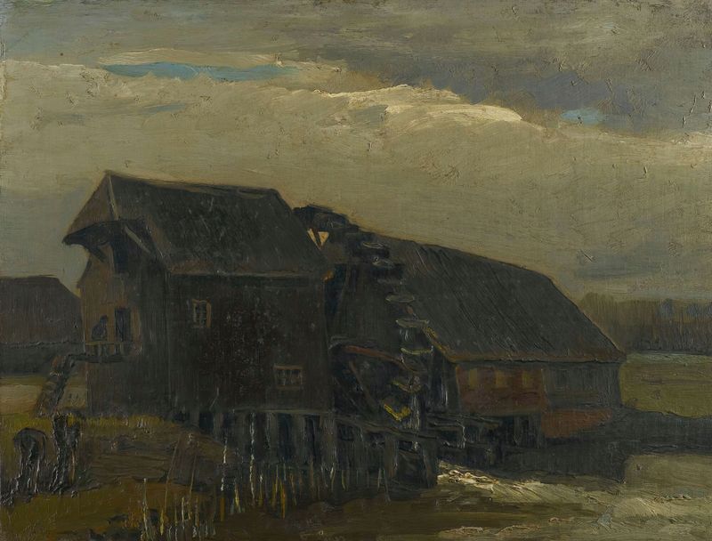 Water Mill At Opwetten de Vincent van Gogh, óleo sobre lienzo que representa un paisaje fluvial tranquilo