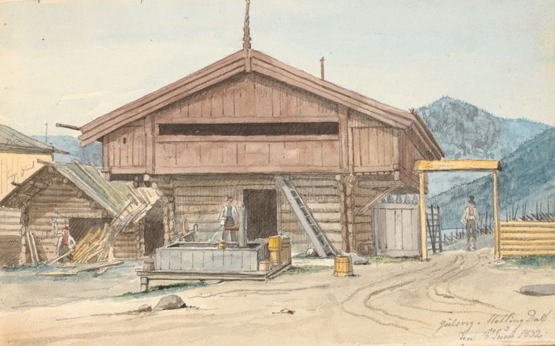 Bondegård de Martinus Rørbye, óleo sobre tela representando uma casa de campo e campos.