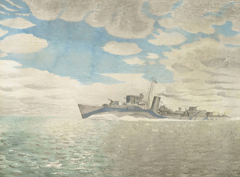 HMS Tetcott de Eric Ravilious, que representa un barco en un mar tranquilo, modernismo