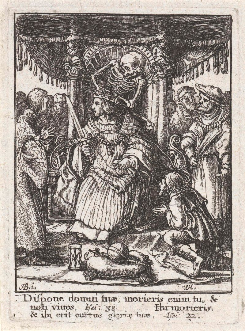 Grabado alegórico de Wenceslaus Hollar que representa una figura de la muerte en túnicas oscuras.