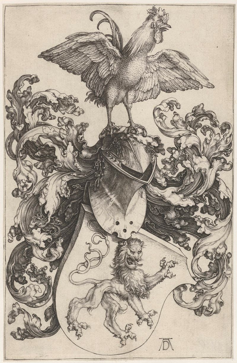 Wapenschild met haan engraving by Albrecht Dürer, featuring a cock on a shield.