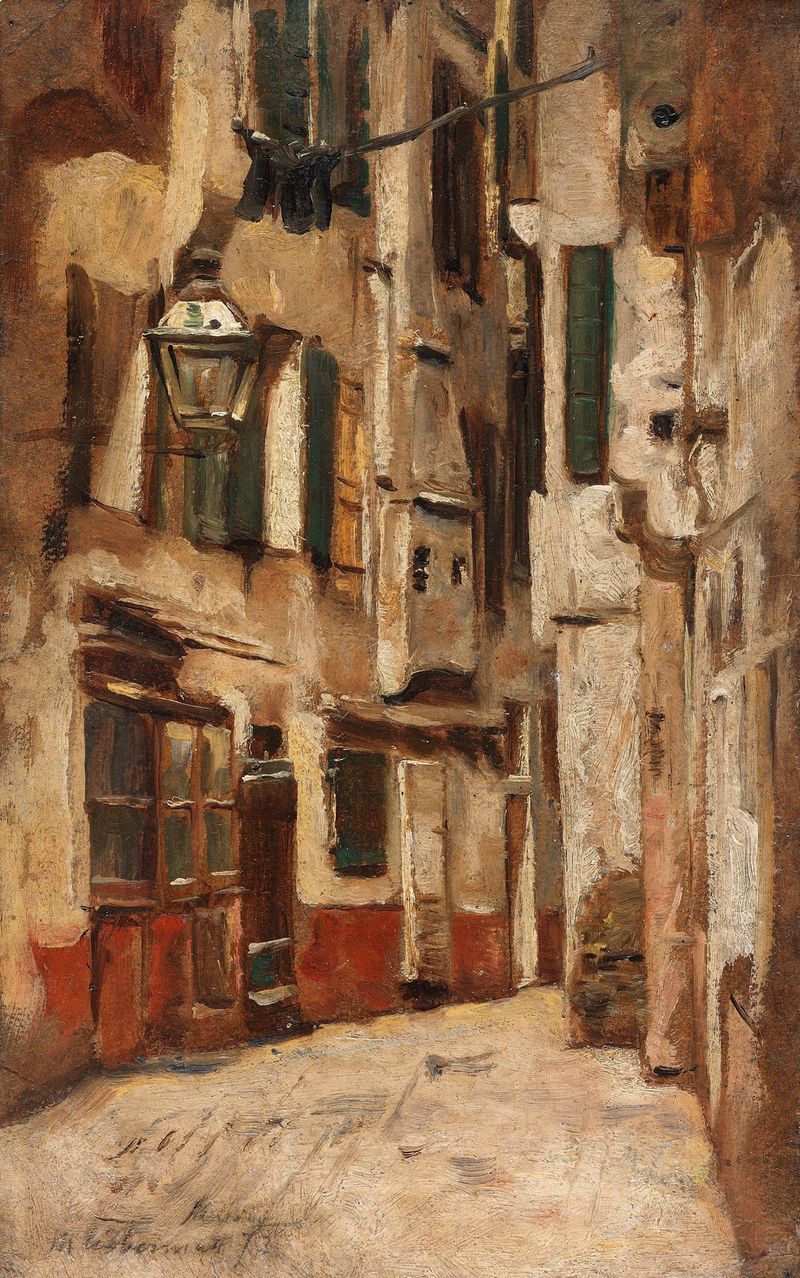 Venezianische Gasse nach rechts de Max Liebermann, óleo de un callejón iluminado por el sol con sombras profundas.