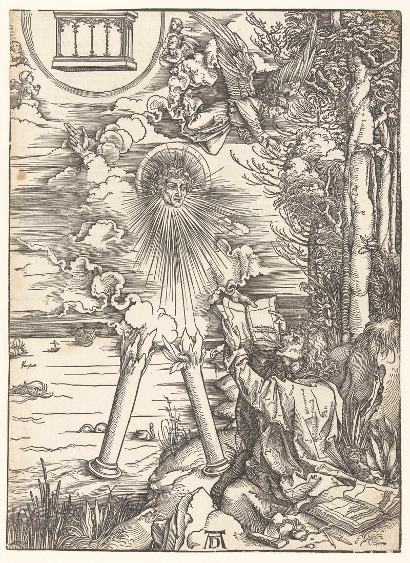 Gravura de Albrecht Dürer de João consumindo um livro, envolto em uma túnica, iluminado pela luz.