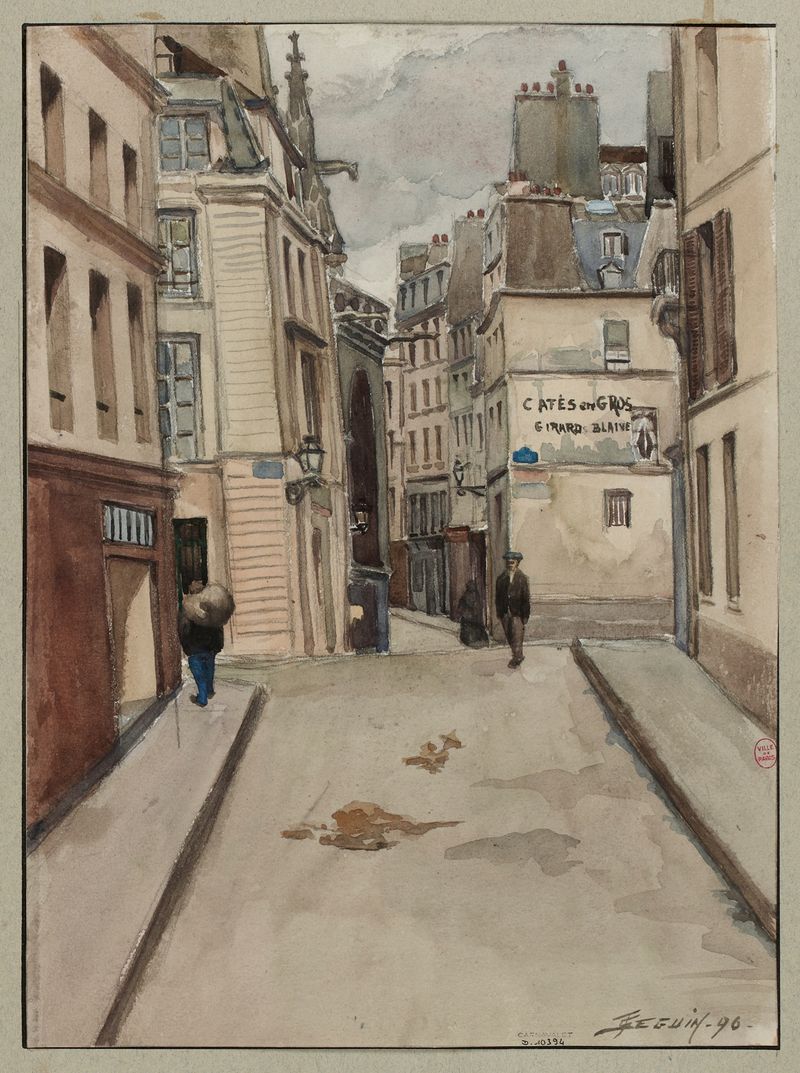Architecture scene featuring cobblestones and light by F. Séguin, Post-Impressionism