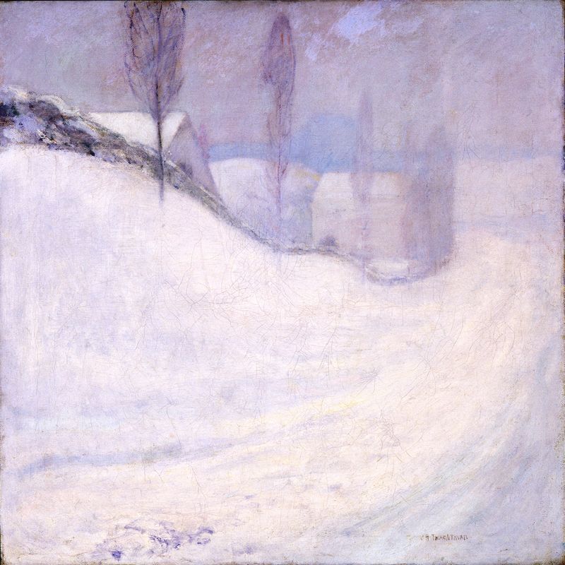 Round Hill Road by John Henry Twachtman, oil painting depicting a lush landscape with a winding path.