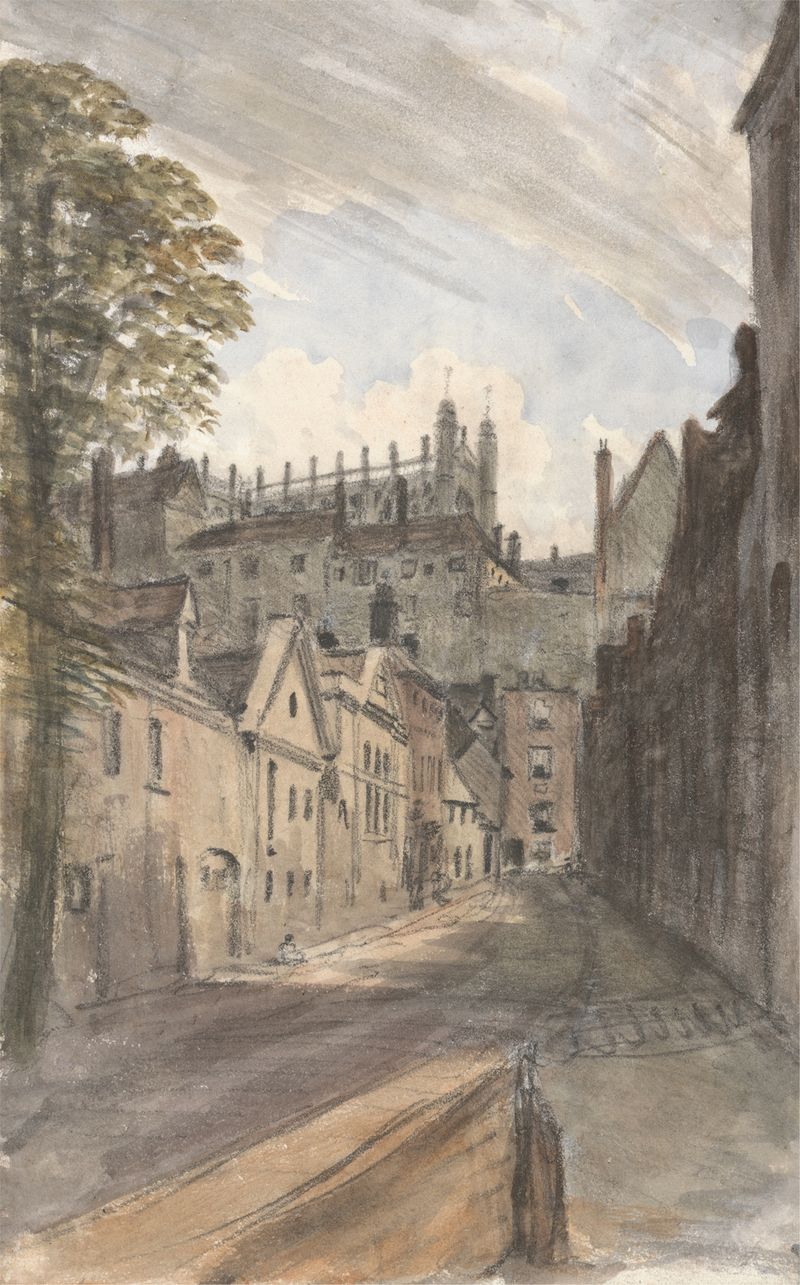 Landscape oil painting by William Crotch depicting St. George’s Chapel and castle wall