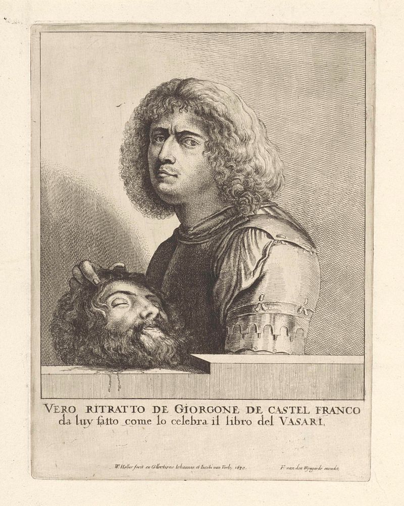 Portret van Giorgione de Wenceslaus Hollar, grabado que muestra una figura con sombras y emoción