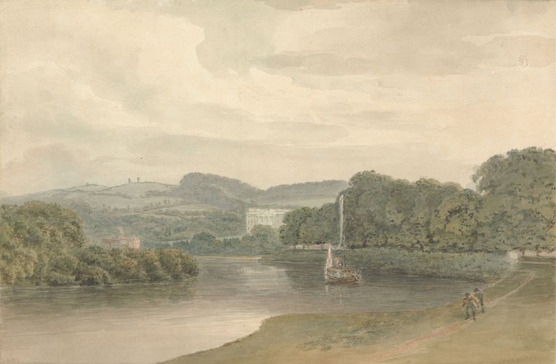 Cena de rio com uma casa de campo, pintura a óleo de Samuel Davis