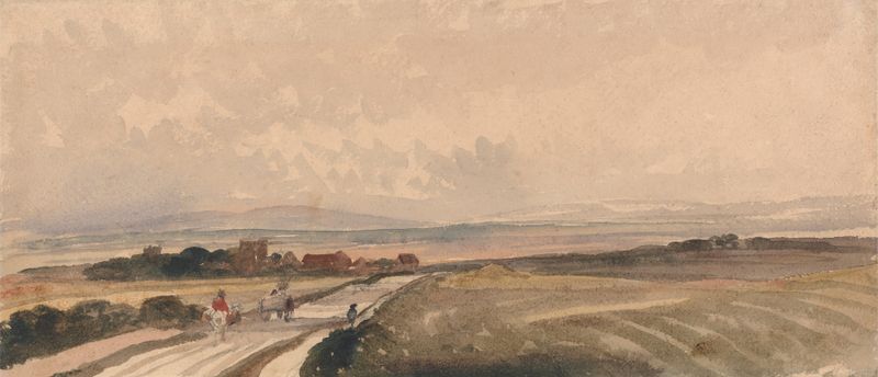 A Yorkshire Road by Peter DeWint, depicting a solitary figure on a winding path in an oil painting.