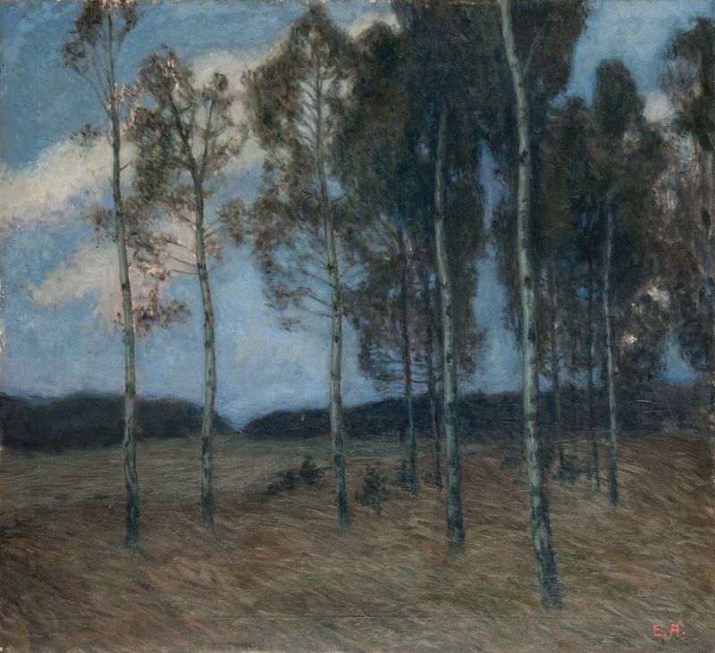 Birch Grove after Sunset, oil on canvas by Ester Almqvist, depicting birch trees at twilight.