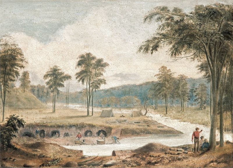 Pintura figurativa a óleo de David Tulloch mostrando uma figura de joelhos na sombra com terra dourada.