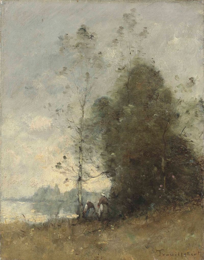 Oil painting by Paul Désiré Trouillebert depicting figures by the Loire river.