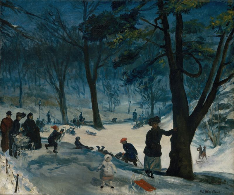 Central Park, Winter by William James Glackens, oil on canvas depicting a snowy park with figures