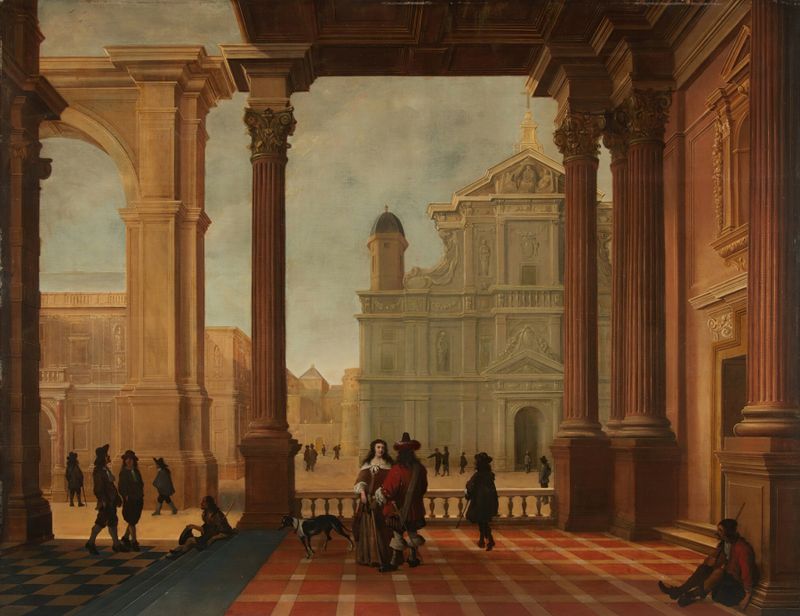 An architectural capriccio with elegant figures and a church beyond, oil on canvas by Bartholomeus van Bassen