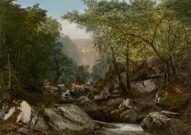 Waterfall in the Woods with Indians de John Frederick Kensett, pintura a óleo que retrata uma paisagem florestal serena