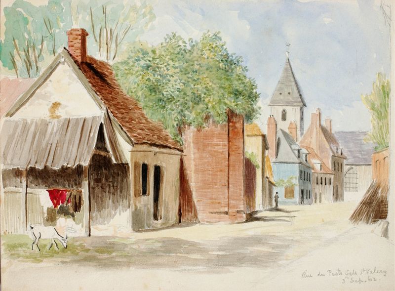 Rue du Puits Sale, St. Valery de Miner Kilbourne Kellogg, óleo sobre tela que retrata uma rua da aldeia.