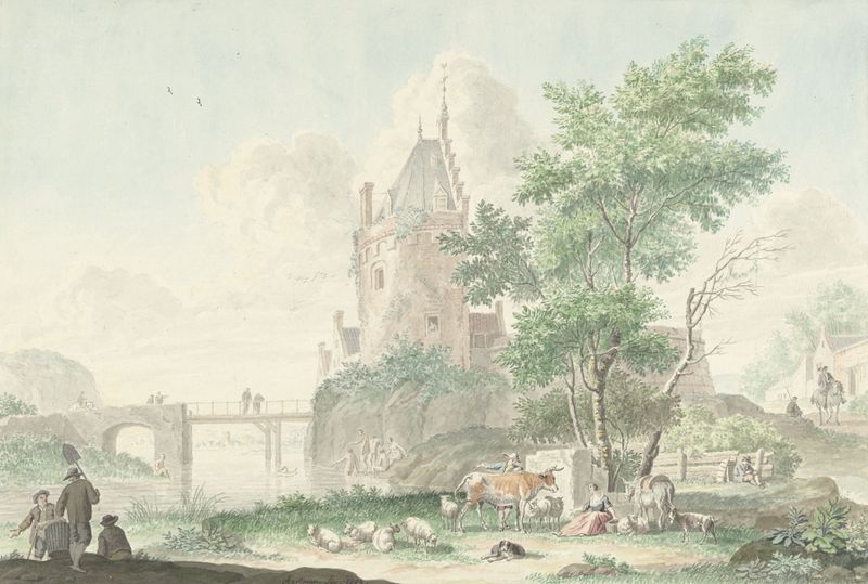 Zomerlandschap met figuren en vee de Nicolaes Aartman, óleo sobre lienzo que muestra agricultores y ganado en un paisaje e...
