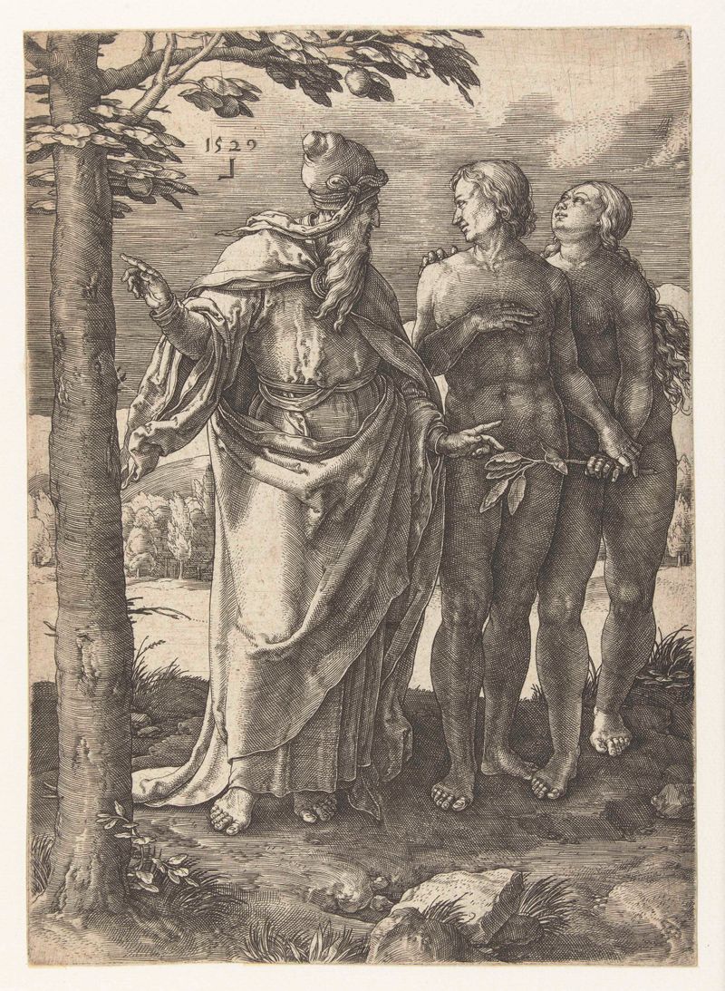Engraving by Lucas van Leyden showing figures in tension and moral struggle