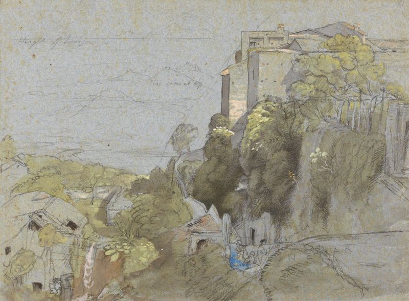 Italian Hill Town by Samuel Palmer, oil on canvas depicting soft hills and a village under celestial light.