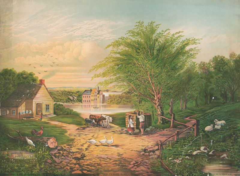 Lithograph by Gibson & Co. Lith depicting a farmhouse under an azure sky with clouds