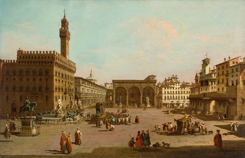 Engraving by Giuseppe Zocchi depicting Palazzo Vecchio and Loggia dei Lanzi in Florence