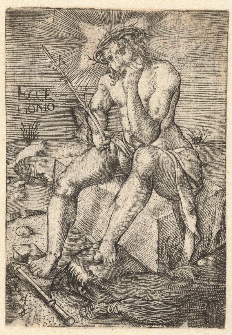 Grabado de Jacob Binck que representa una figura sombría sobre una piedra fría.