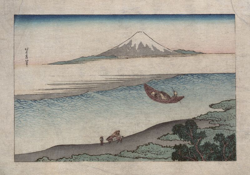 Fūkeiga de Katsushika Hokusai, ukiyo-e que retrata uma paisagem com folhagem e ondas