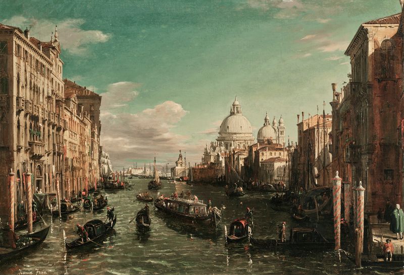 Oil painting by Francesco Zanin depicting Il Canal Grand with reflections and architecture.