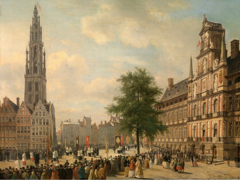 Procissão na Grote Markt em Antuérpia, pintura a óleo de Jan Michiel Ruyten