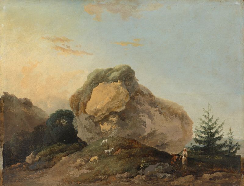 A hilly landscape with a shepherd and shepherdess with their flock, by Louis Gabriel Moreau, oil painting