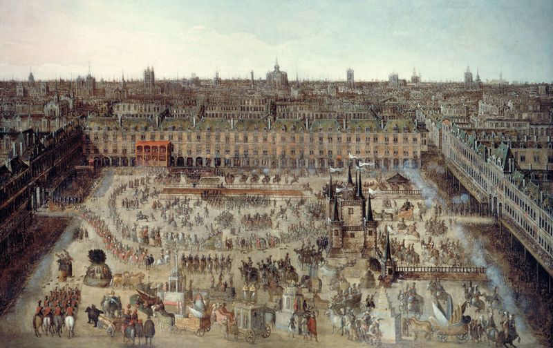 Grabado de Unknown Artist que muestra caballeros y nobles en una celebración real en 1612