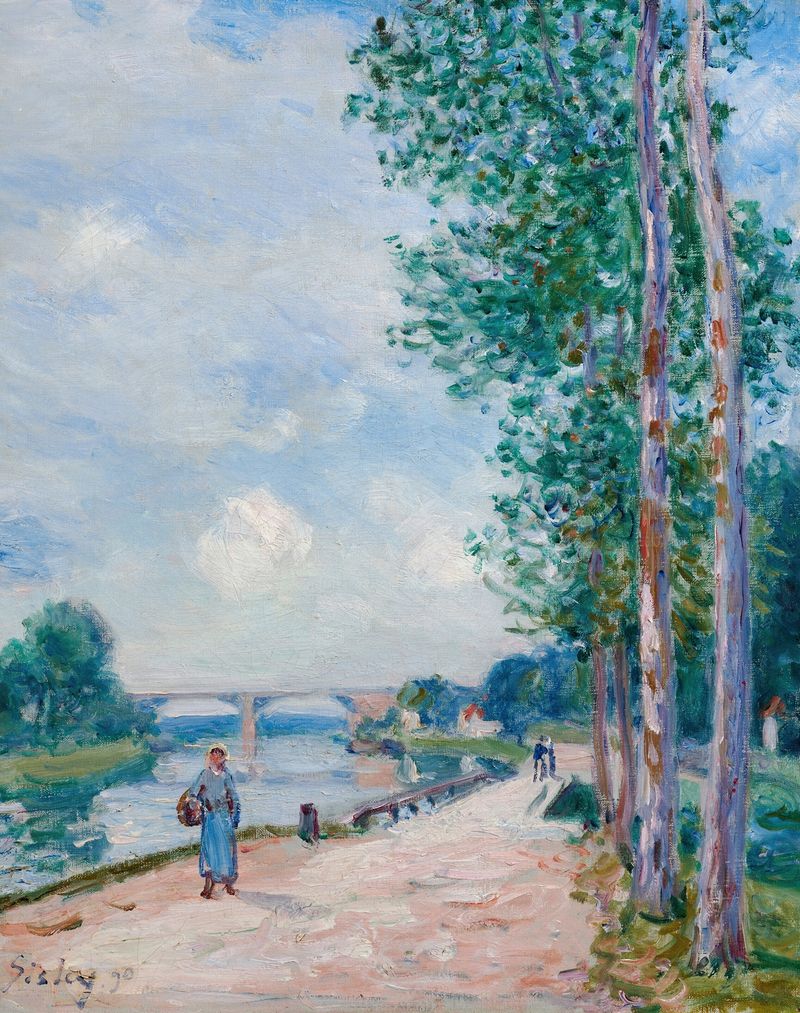 Les bords du Loing près de Moret by Alfred Sisley, oil painting depicting a tranquil river landscape