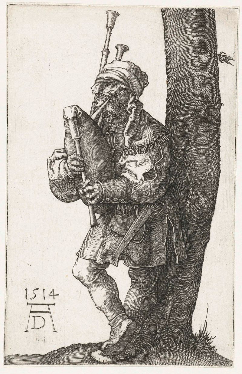 De doedelzakspeler grabado de Albrecht Dürer que representa a un piper solitario con gaita
