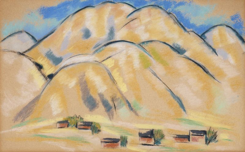 Landscape of New Mexico Hills by Marsden Hartley, featuring ochres and turquoise sky, oil painting.