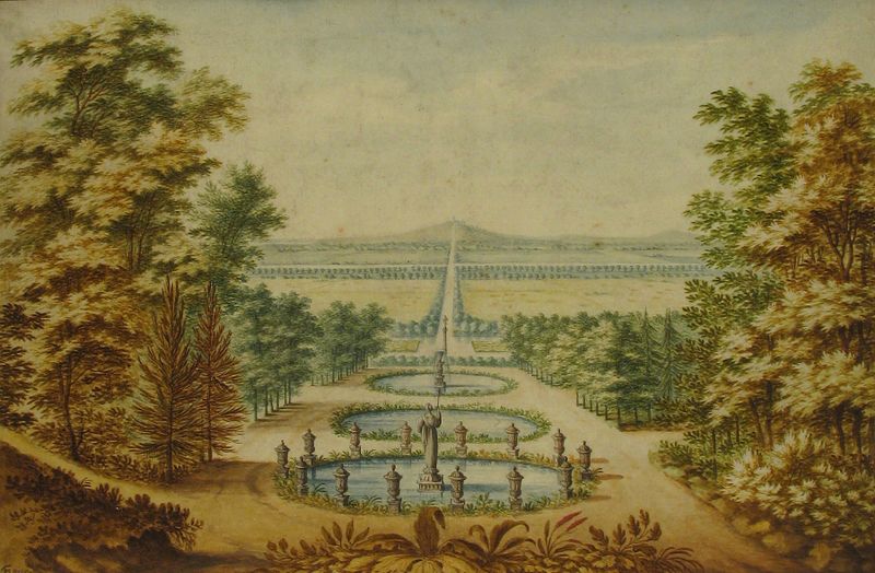 Vista escénica de jardines con una mujer y una pareja, pintura al óleo de Antoine-Claude Fleury