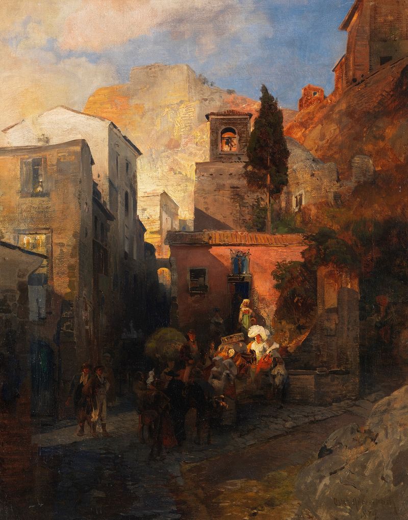 Paisagem de uma rua de vila em pintura a óleo de Oswald Achenbach