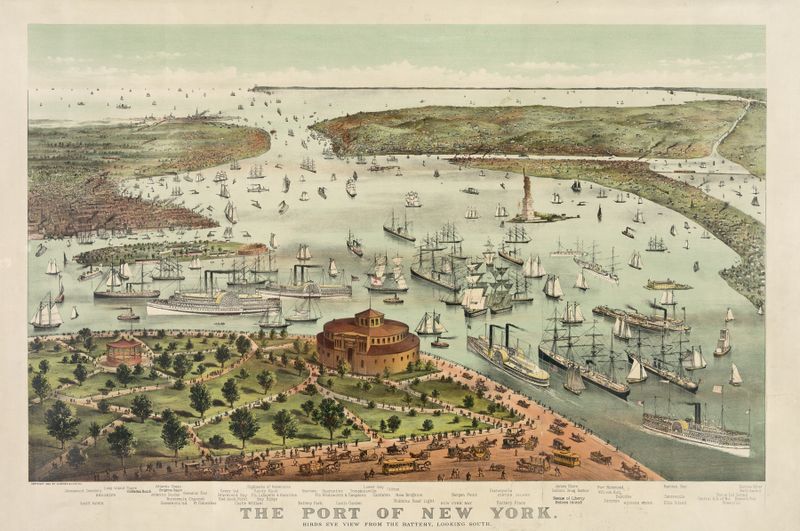 Litografía de Currier & Ives que representa el Puerto de Nueva York con barcos y puerto.