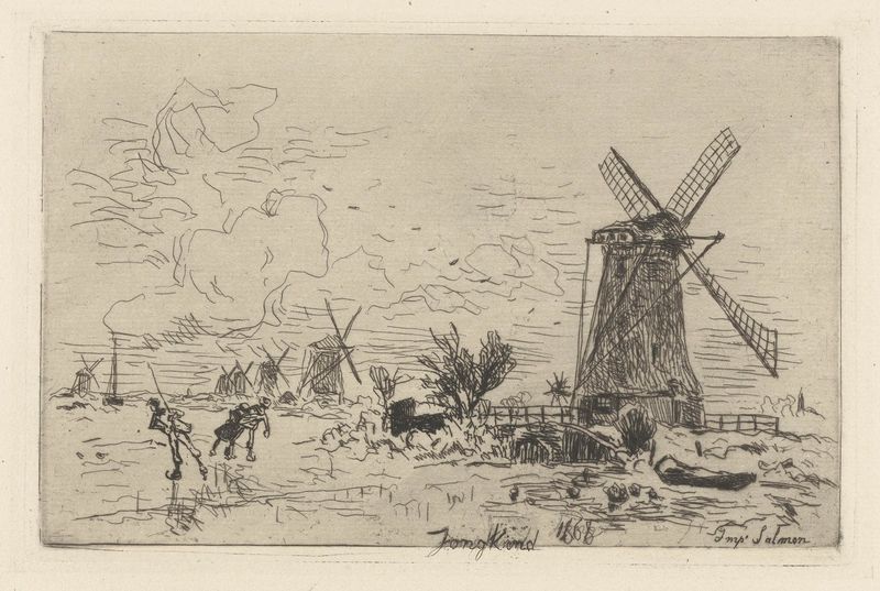 Landschap met molens en schaatsers, gravura de Johan Barthold Jongkind, retratando patinadores no gelo em uma paisagem de ...