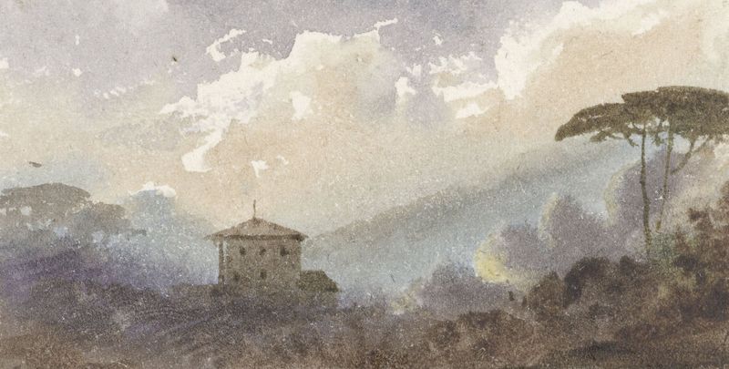 Paisaje con un landhuis en un bosque con montañas, pintura al óleo de Pierre Luc Charles Cicéri.